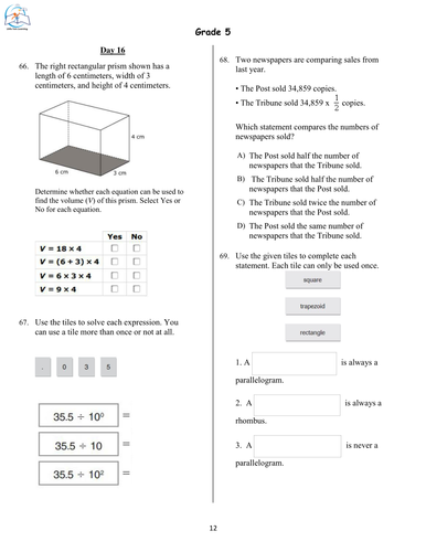 5th Grade Math Morning Work - 5th Grade Spiral Math Review