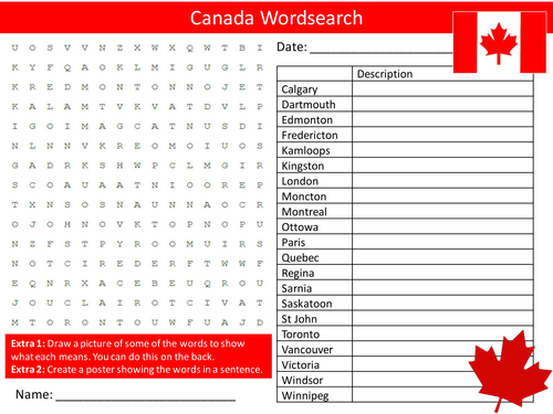 Canada Wordsearch Starter Activity Geography Country Homework Cover Lesson Plenary