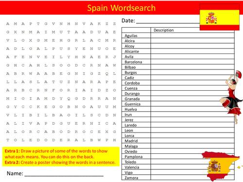 Spain Wordsearch Starter Activity Geography Country Homework Cover Lesson Plenary