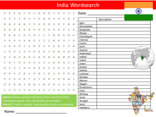 India Wordsearch Starter Activity Country Geography Homework Cover Lesson Plenary