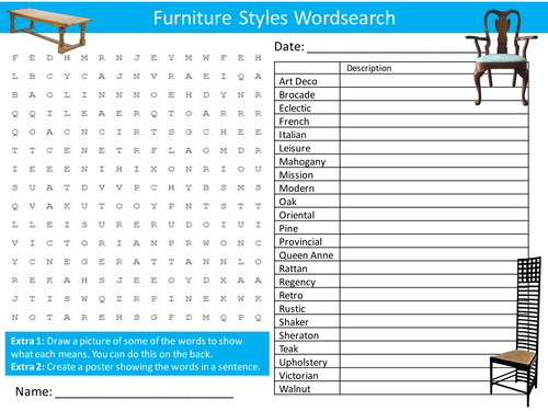 Furniture Styles Wordsearch Starter Activity Design Technology Homework Cover Lesson Plenary