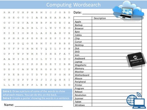 Computing Wordsearch Starter Activity ICT Computers Homework Cover Lesson Plenary