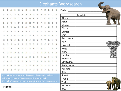Elephants Wordsearch Starter Activity Animals Nature Homework Cover Lesson Plenary