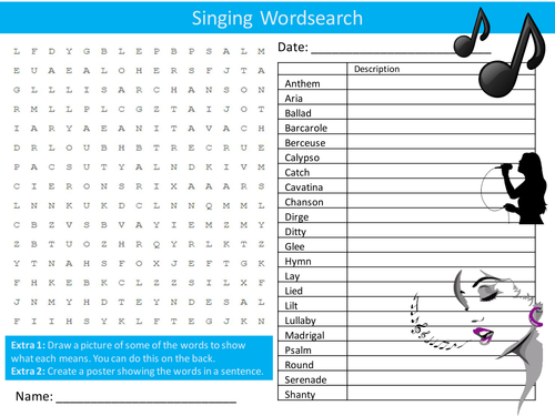 Singing Wordsearch Starter Activity Music Songs Voice Homework Cover Lesson Plenary