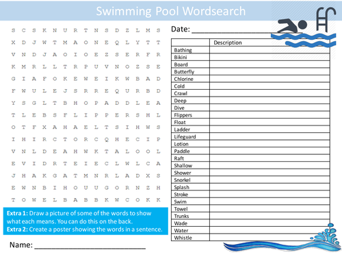 Swimming Pool Wordsearch Starter Activity Swim PE Homework Cover Lesson Plenary