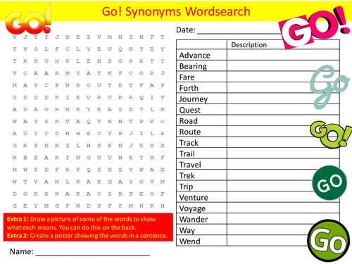 Go Synonyms Wordsearch Starter Activity English Vocabulary Words Homework Cover Lesson Plenary