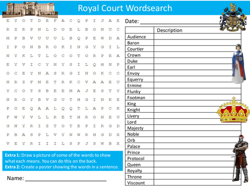 Royal Court Wordsearch Starter Activity Royalty KIngs Queens Homework Cover Lesson Plenary
