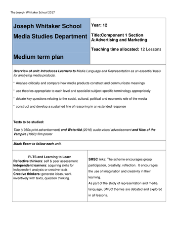 Eduqas Media Studies A level NEW SPEC MTP Component 1a advertising and marketing
