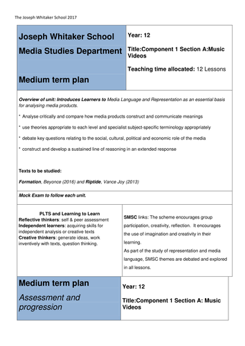 Eduqas Media Studies A level NEW SPEC MTP Component 1a Music Videos