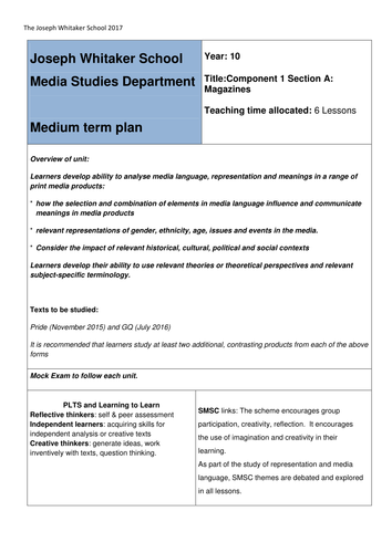 Medium Term Plan for NEW Eduqas Media Studies GCSE 9-1 Component 1a Magazines