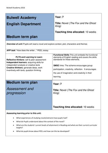 The Fox and the Ghost King Michael Morpurgo KS2 or KS3 MTP SOW outline