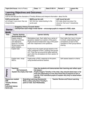 Outstanding KS3 Timothy Winters poetry lesson, fully resourced with lesson plan. promethean software