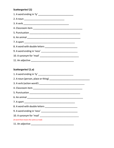 Scattergories KS1/KS2 Grammar Game