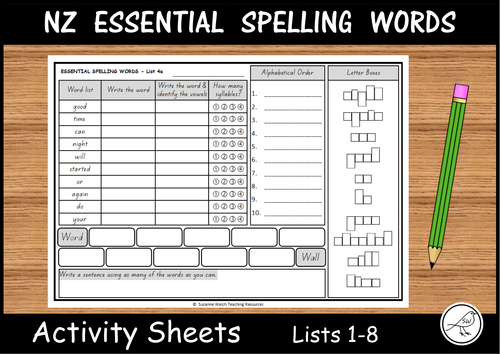 New Zealand Essential Spelling Words – Activity Sheets – Lists 1-8