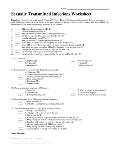 Sexually Transmitted Diseases Worksheet Teaching Resources