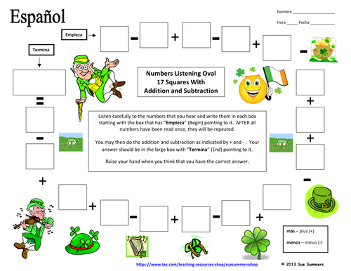 Spanish Numbers Listening and Math Activity - St. Patrick's Day Theme