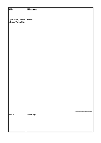 Cornell style note taking sheet
