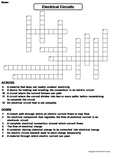 Electrical Circuits Crossword Puzzle Teaching Resources