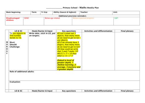 Weekly planning template for Maths
