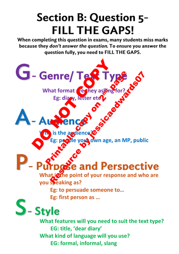 Section B: Fill the GAPS- for AQA Language Paper 1 and 2 Poster