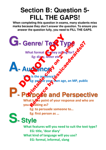 Section B: Fill the GAPS (EDITABLE)- for AQA Language Paper 1 and 2 Poster