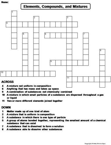 Elements Compounds and Mixtures Crossword Puzzle