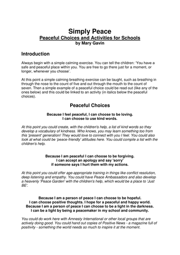 Peaceful Choices and Activities, ideas for use in the classroom