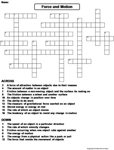 Force and Motion Crossword Puzzle