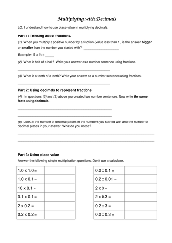 Multiplying Decimals: How Many Decimal Places? Homework or revision worksheet, can use in lesson