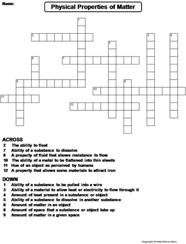 Physical Properties Of Matter Crossword Puzzle Teaching Resources