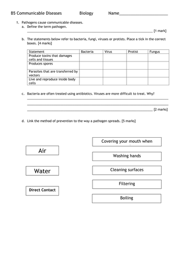 B5 Communicable Diseases FORMATIVE ASSESSMENT and MARK SCHEME *NEW SPEC*