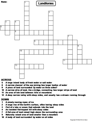 Types of Landforms and Bodies of Water Crossword Puzzle