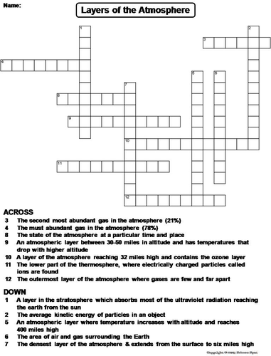Layers of the Atmosphere Crossword Puzzle