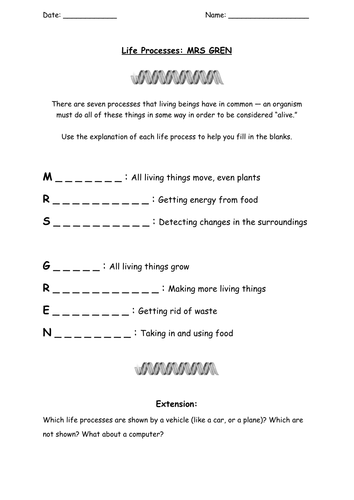 KS3 Biology MRS GREN worksheet