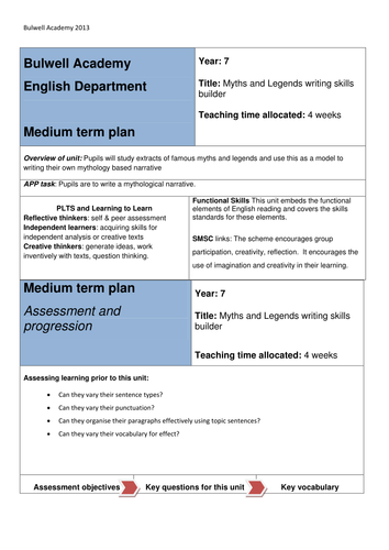 Medium Term Plam Myths and Legends Creative writing KS2 or KS3. Grammar focused mythology theme