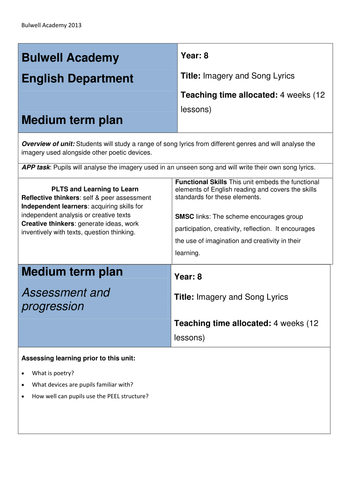 Medium Term Plan Imagery and Song Lyrics Poetry Skills unit KS3 MTP