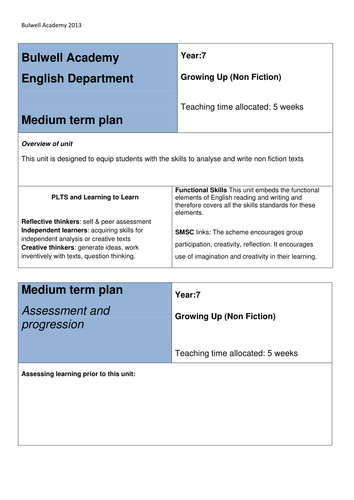 Medium Plan Non Fiction Writing 'Growing Up' Theme. suggested lesson outlines.