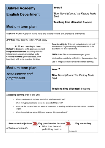 Medium Term Plan Conrad the Factory Made Boy MTP suggested lessons linked to novel
