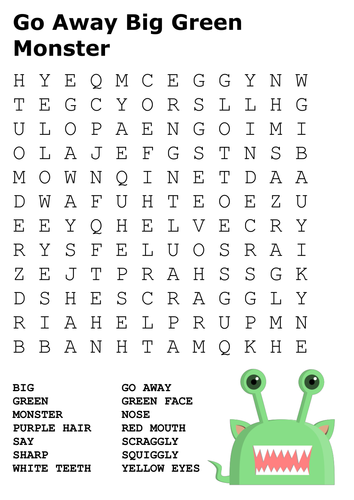 Go Away Big Green Monster Word Search Teaching Resources