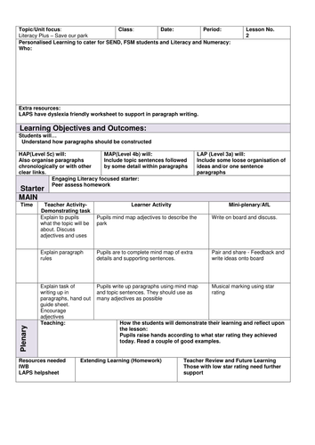 Save Our Park literacy Non Fiction Writing Skills Lesson 2 adjectives focus KS2 or 3