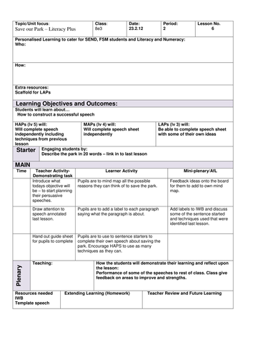 Save Our Park Writing Skills SOW Lesson 5 fully resourced low ability KS3 Literacy speech writing