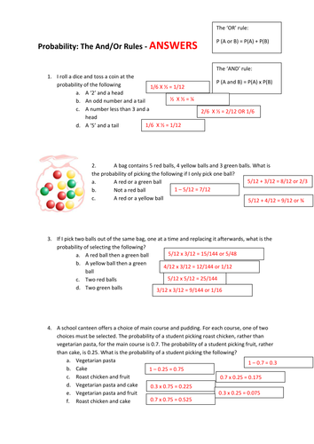 Combined probabilities (the 'And/Or' Rules) using fractions and decimals Worksheet