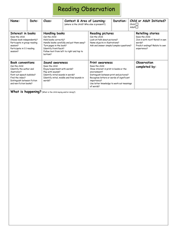 Reading Observation Sheet with Prompts (EYFS)