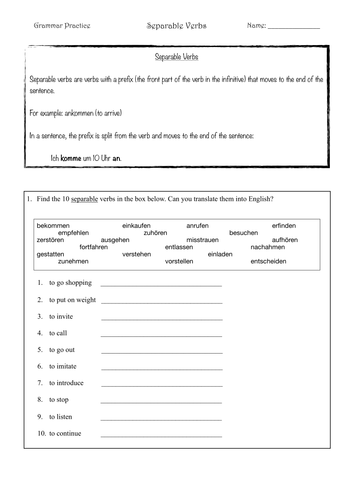 German Grammar Practice - Separable Verbs
