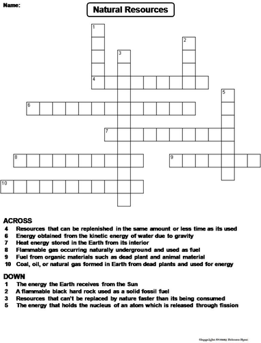 Renewable and Nonrenewable Natural Resources Crossword Puzzle