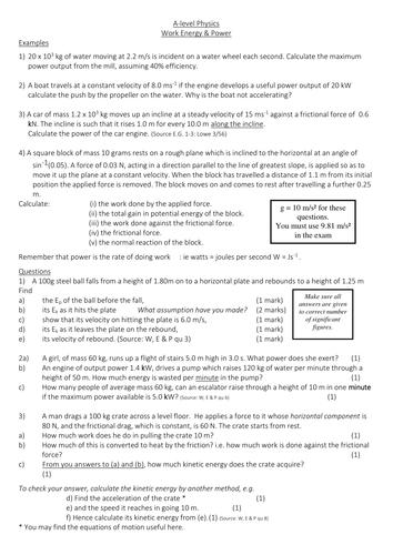 Work, Energy and Power worksheet