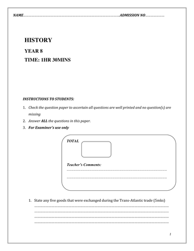 SLAVERY TEST FOR YEAR 8