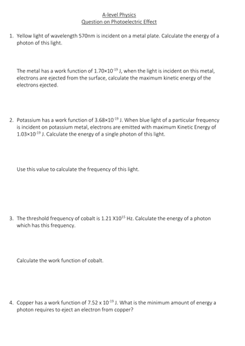 Photoelectric Effect Worksheet