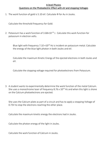 Photoelectric Effect and Stopping Voltage Worksheet.