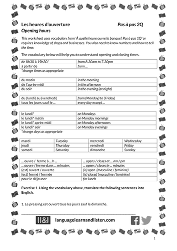 Les heures d'ouverture (Opening hours)